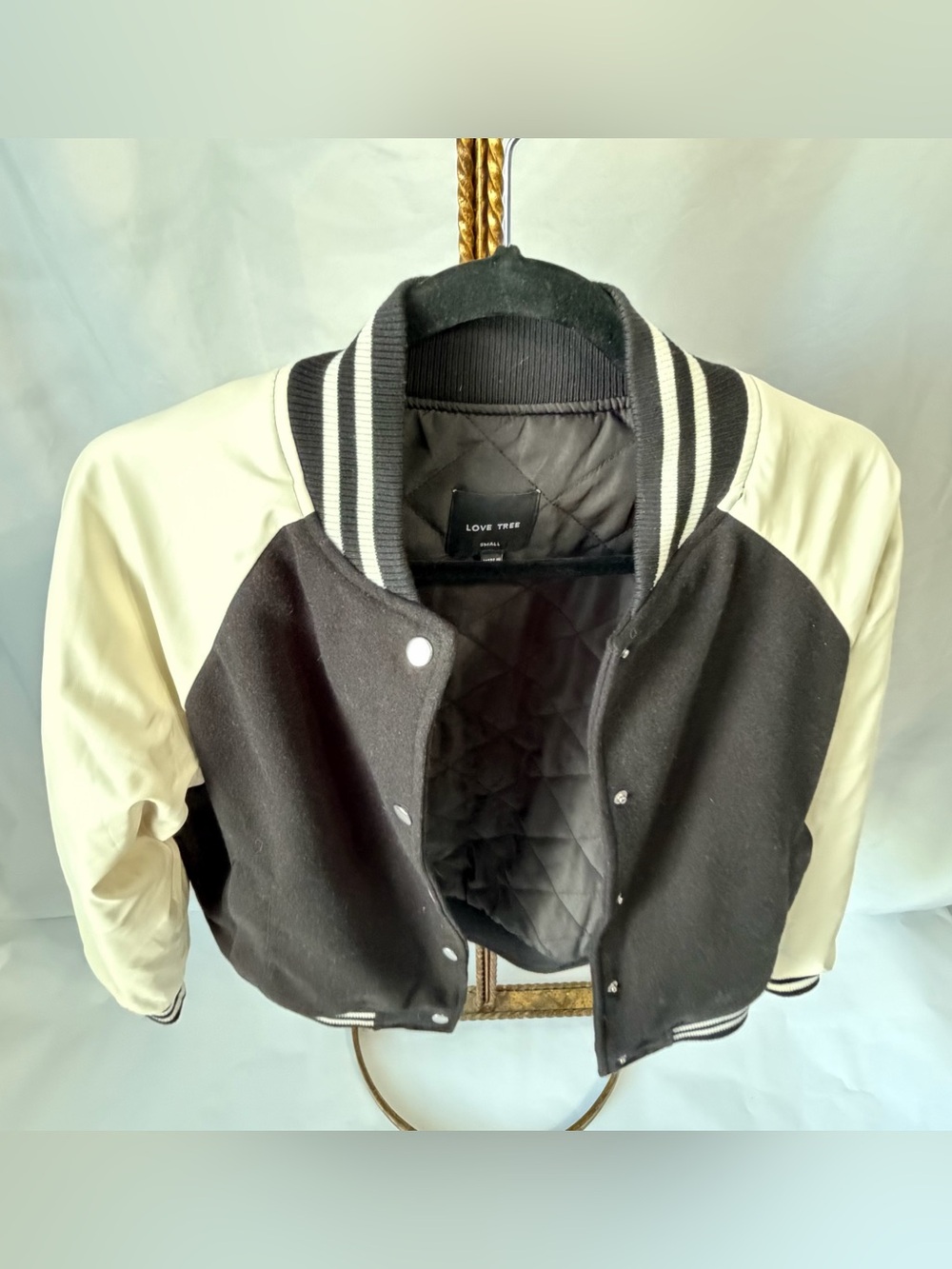 Love Tree Black White Varsity Bomber Jacket Faux Leather Sleeves Small